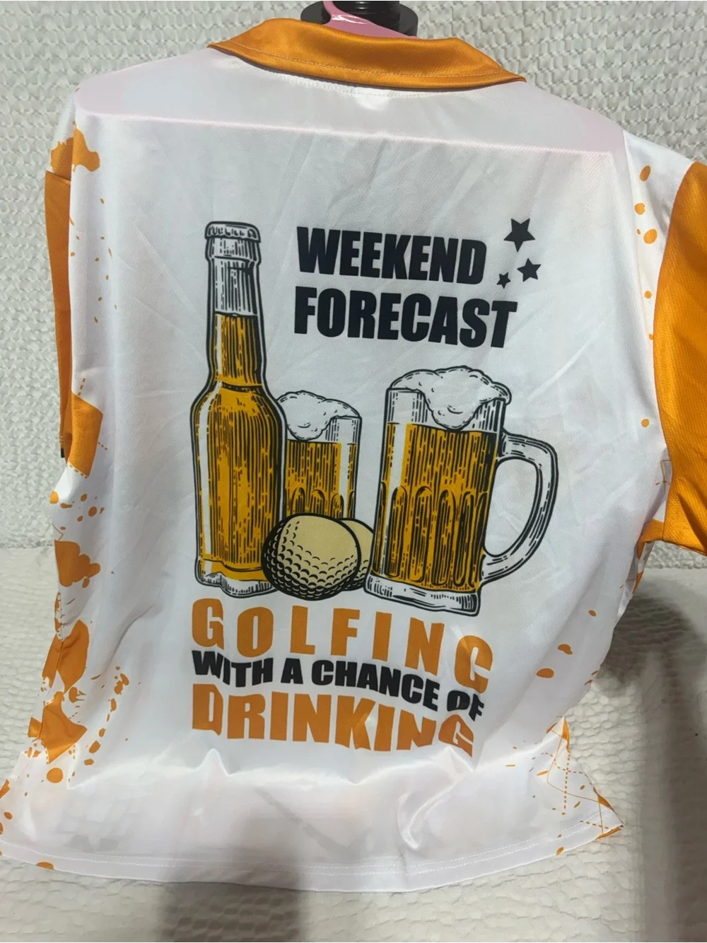 Men's Orange & White Graphic Polo with Beer & Skeleton Motif - Picture 2 of 2